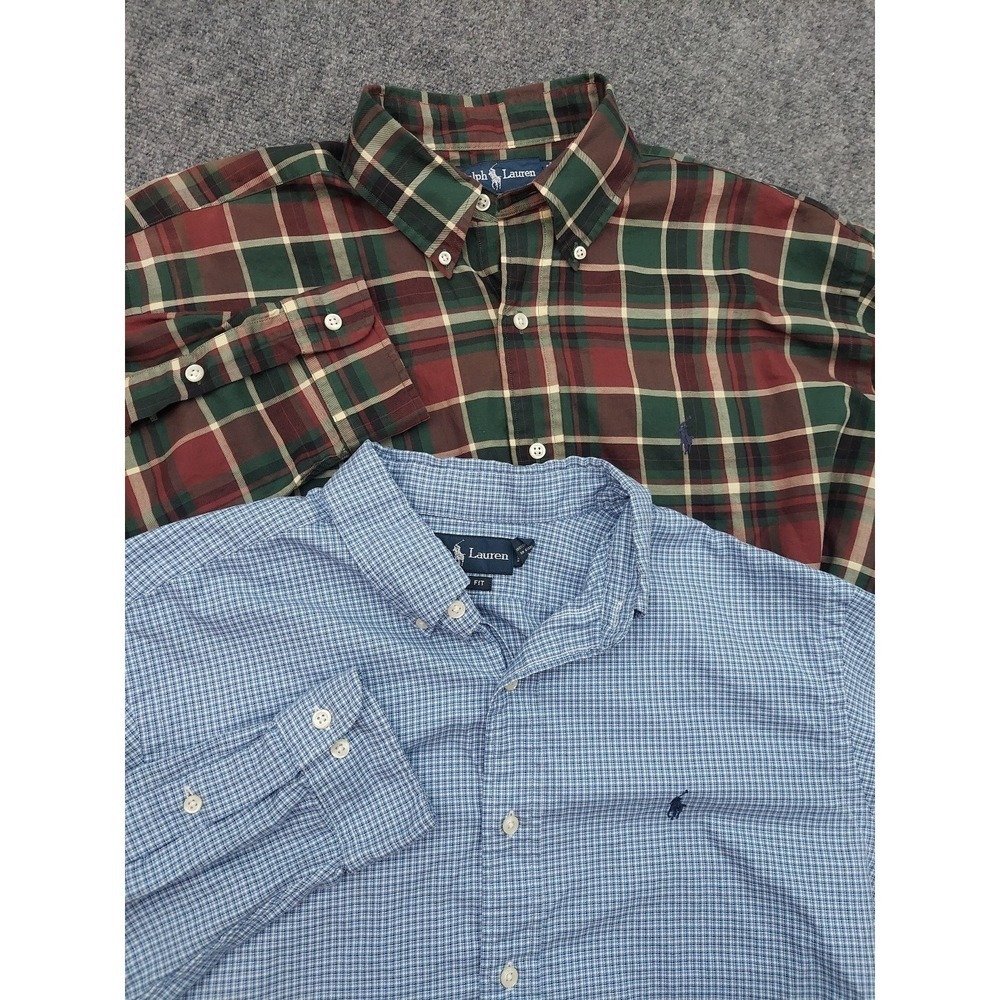 Lot of 2 Ralph Lauren Shirt Men Large Blue Green Plaid Long Sleeve Button Down